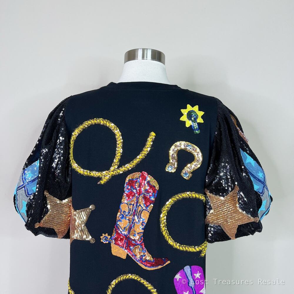 Queen of Sparkles | Cowgirl Western Rodeo Black Sequin Puff Sleeve Mini Dress L - Picture 8 of 12